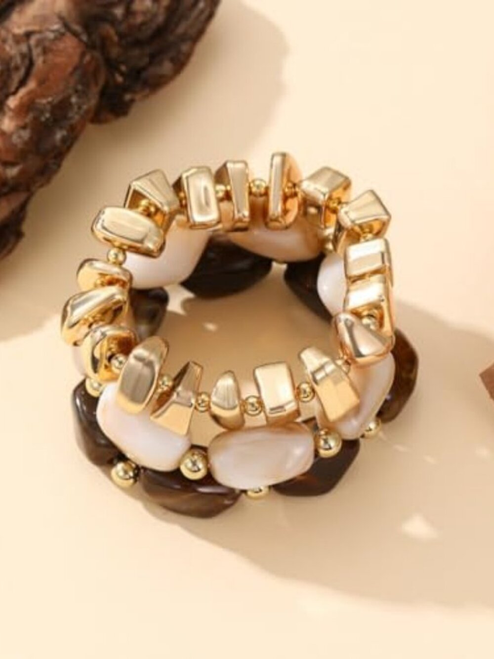 Gold Bracelet Stack For Women, 3Pcs Jade Vintage Chunky Stackable Stretch Boho